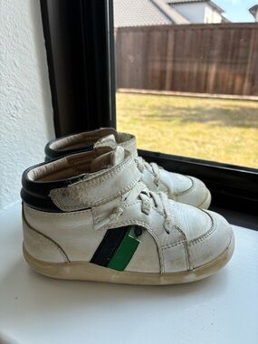 Old Soles White High-Top Sneakers with Green and Black Stripe